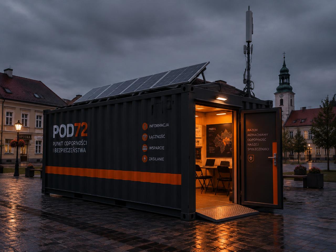 Kontener POD72 na rynku miasta o zmierzchu — otwarte drzwi, panele fotowoltaiczne i maszt łączności