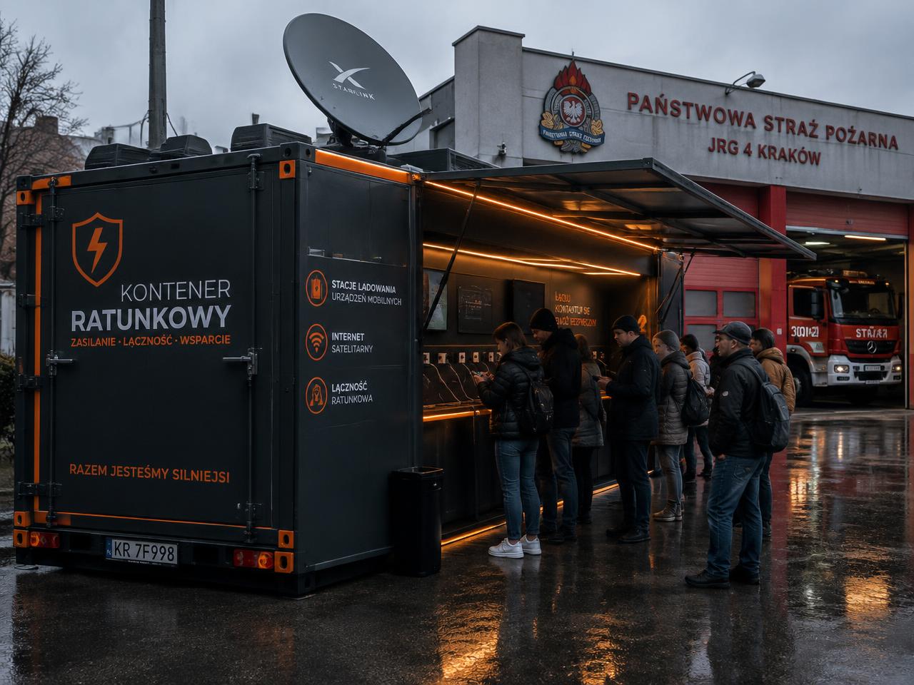 Kontener POD72 przy remizie strażackiej — mieszkańcy ładują telefony pod wiatą